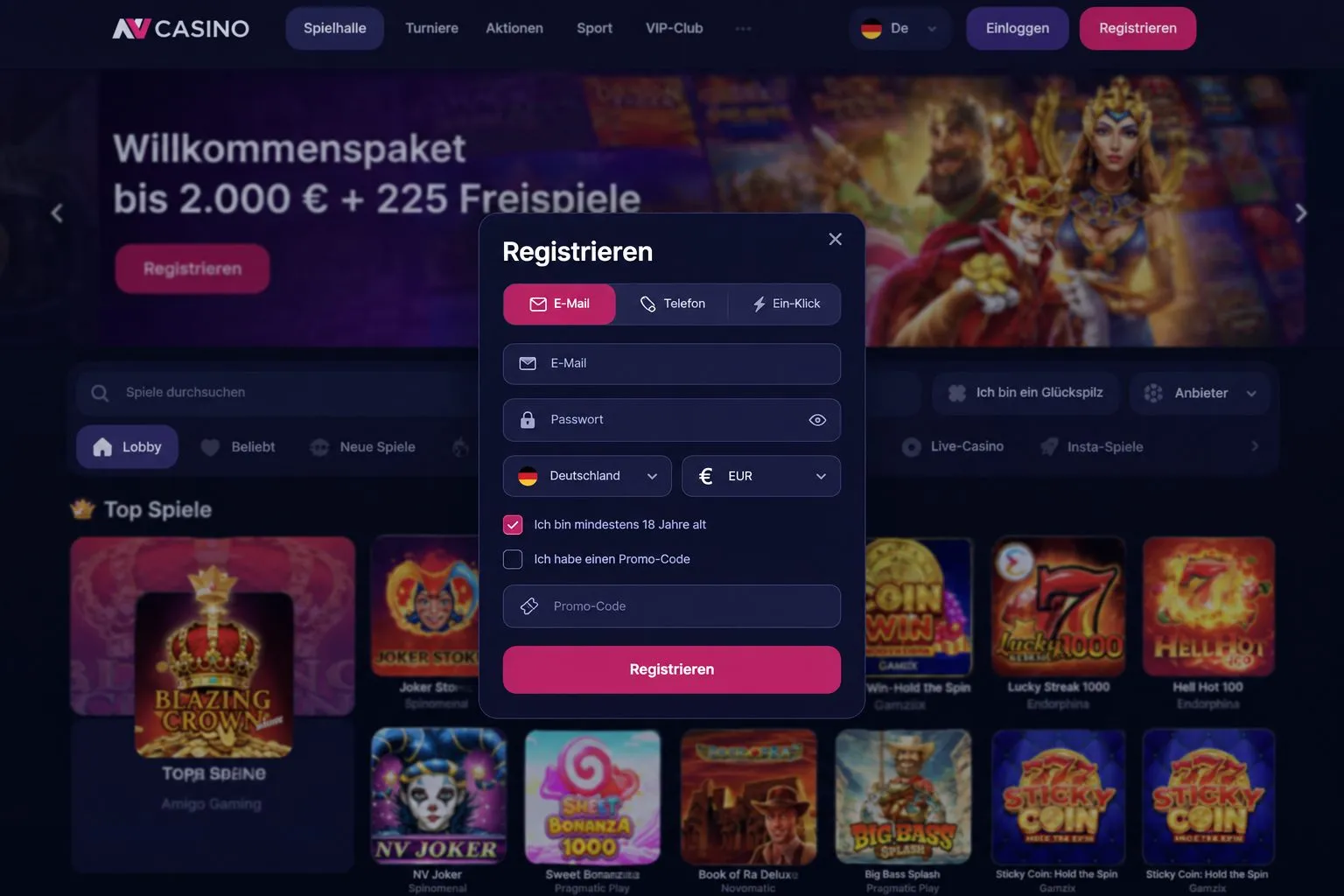 Kontoerstellung und erster NV Casino Login: 2.000 € sichern