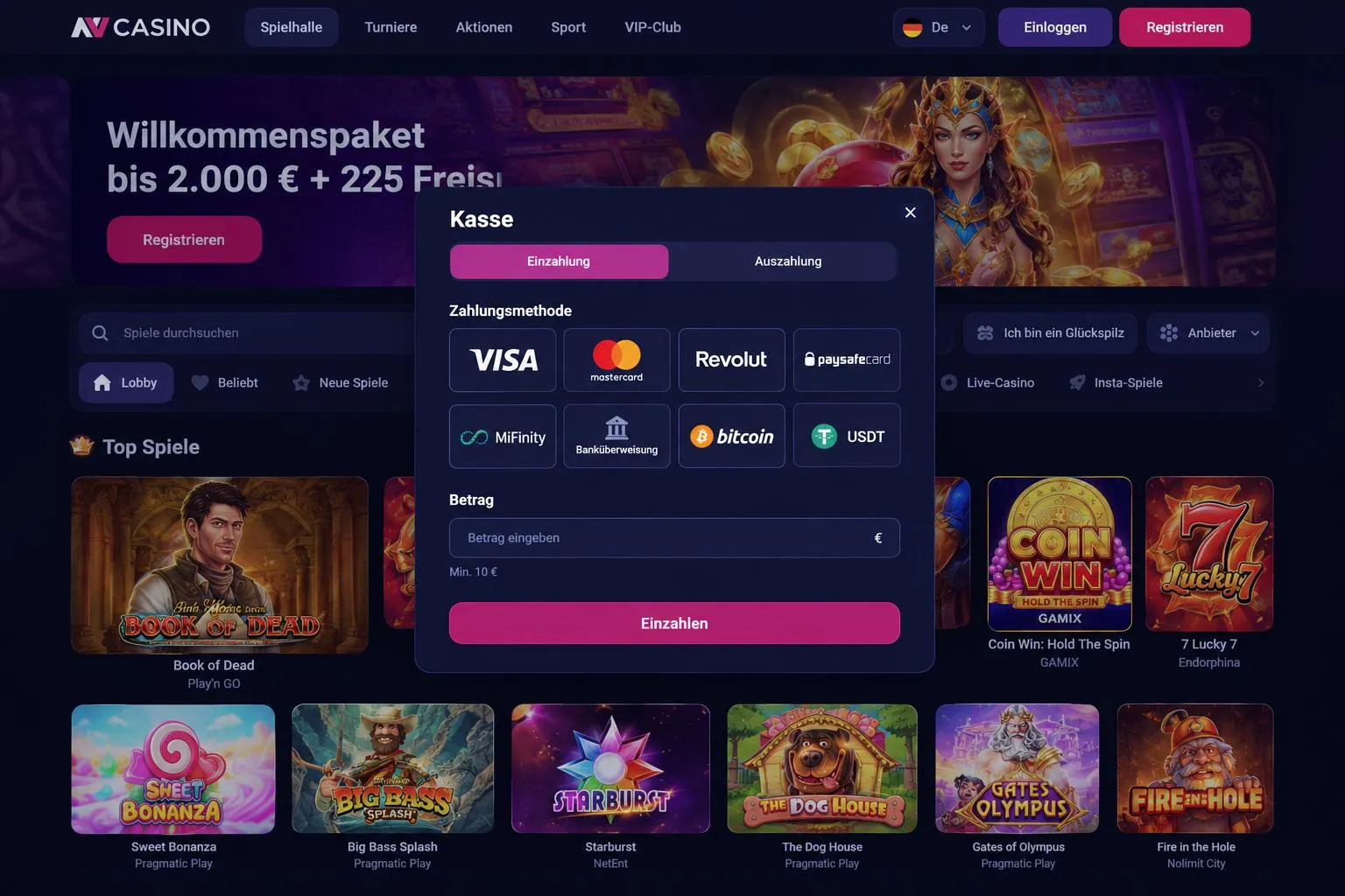 Kontoeinzahlung im NV Casino: SEPA, PayPal, Klarna